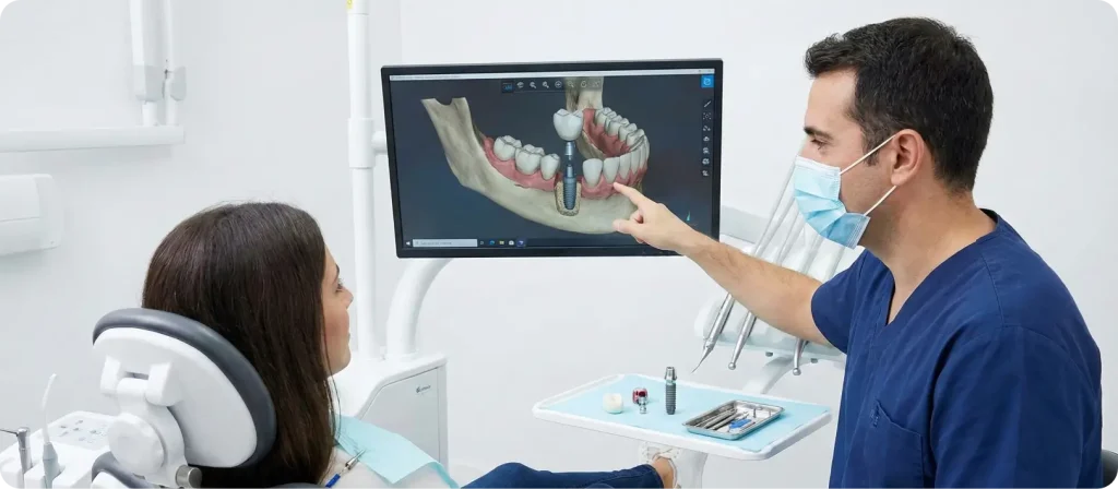 The doctor and patient are discussing the 3D X-ray for the patient’s dental implant treatment at Cheer Dental.