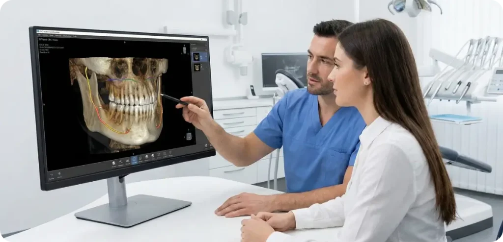 The doctor and patient are discussing the 3D X-ray for the patient’s dental implant treatment at Cheer Dental.